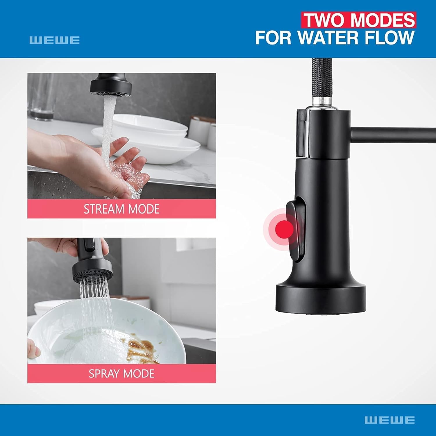 Faucet for Kitchen Sink, WEWE Kitchen Faucet Black Stainless Steel Commercial Spring Kitchen Faucet with Pull Down Sprayer, One Hole or 3 Hole Kitchen Faucet for RV Camper with Soap Dispenser