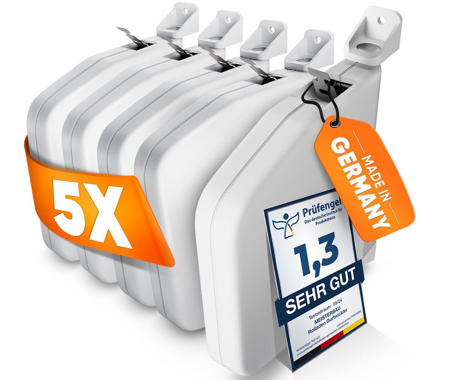 MEISTERBAU - Rolladen Gurtwickler Aufputz [ohne Gurt] - [Made in Germany] - 5 Stück aufklappbare Rollladen Aufwickler für Rolladengurt 14mm - 180° schwenkbar mit Lochabstand 155mm + Aufbauvideo - Weiß