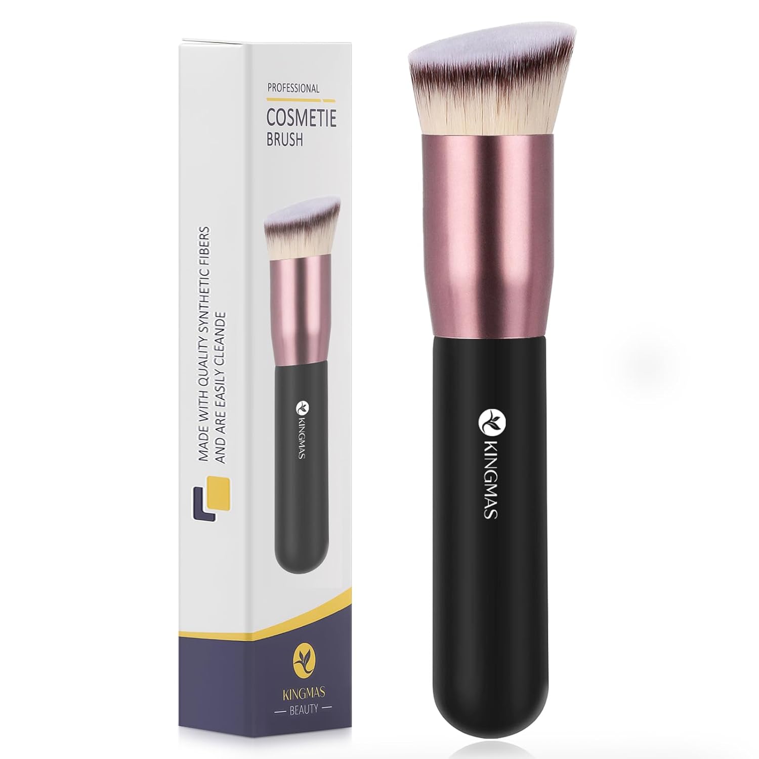KINGMAS Angled Kabuki Foundation Brush - Soft Synthetic Bristles for Flawless Liquid, Cream, Powder Makeup Blending & Buffing - Black