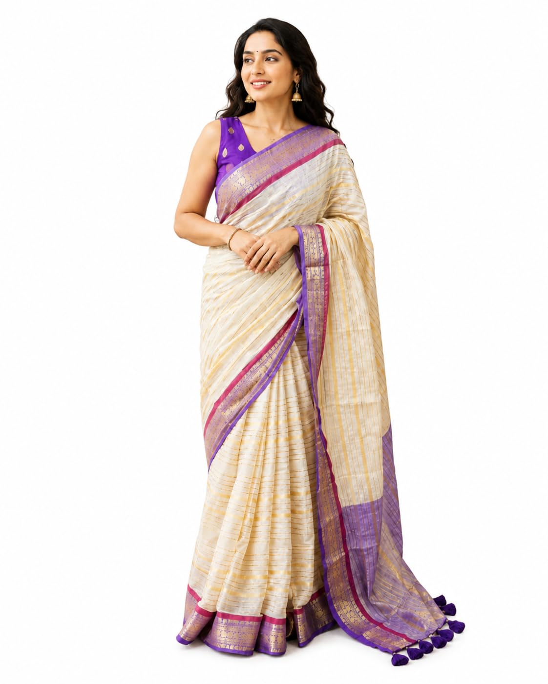 Women's Soft Mul Cotton Kerala Kasavu Saree with Royal Purple & Gold Zari Border|light weight and comfortable-image-35