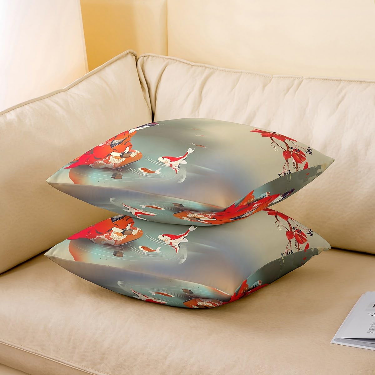 Erosebridal Traditional Kimono Throw Pillow Covers Set of 2,Red White Koi Fish Pillow Covers,Japanese Style Cushion Covers,Vintage Artwork Decorative Accent Pillow Cases 24x24 Inch for Bedroom