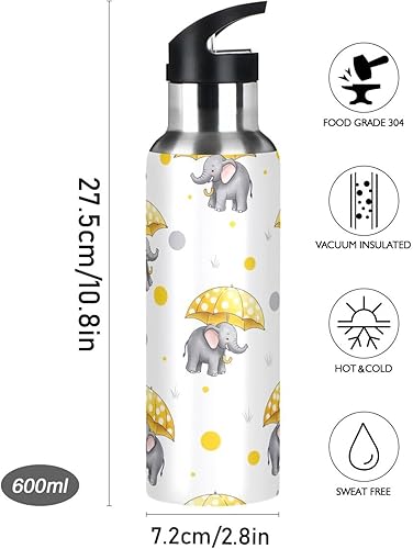 Miniatura 9 de Cute Elephants Yellow Umbrellas Stainless Steel Vacuum Insulated Water Bottle 32 Oz Leakproof Water Bottles, BPA-Free Sport Water Bottle
