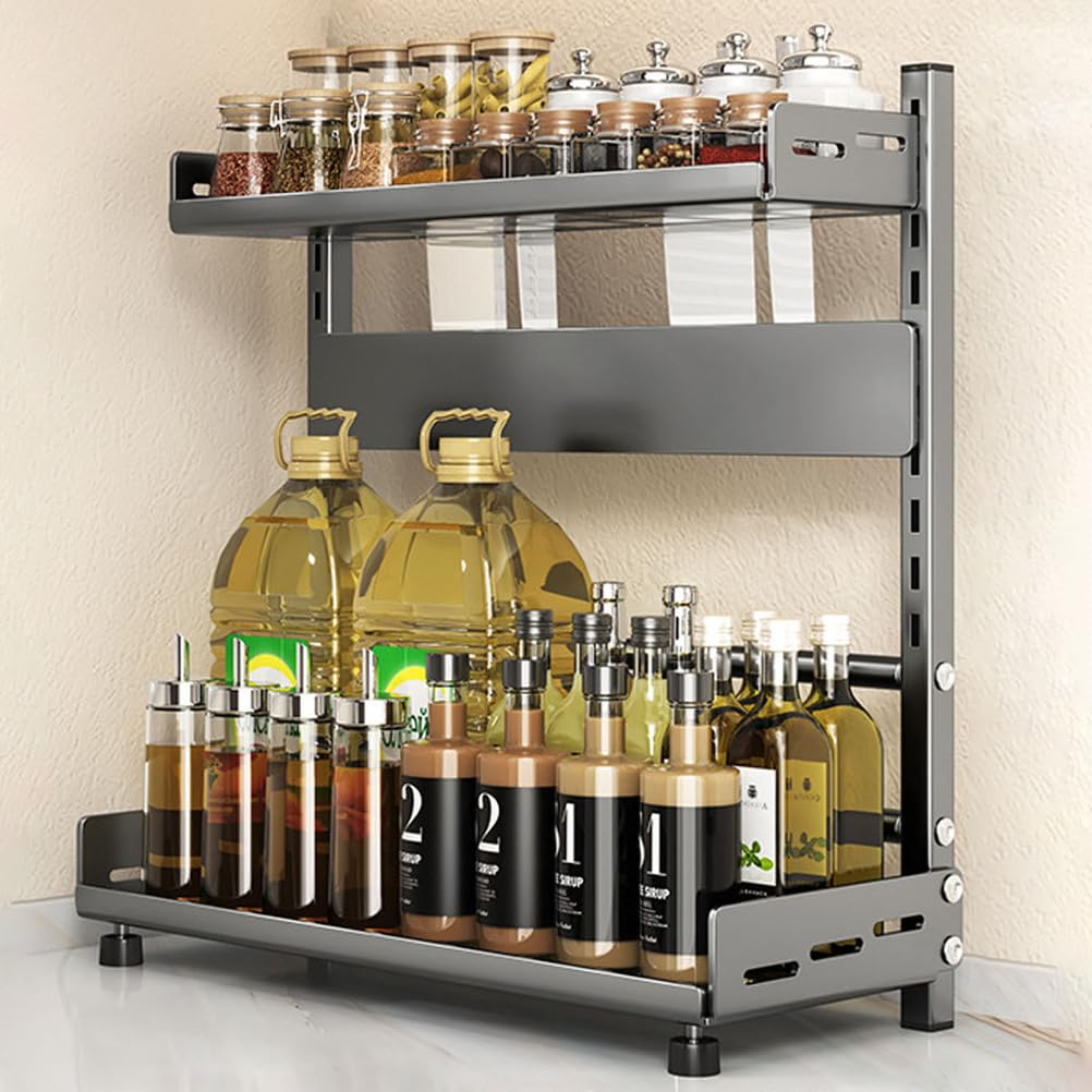 Wemune Spice Rack Organizer for Countertop, Multi-Function 2-Tier Metal Rust-Proof Standing Seasoning Storage Shelf for Kitchen Pantry, for Spices, Cans, Jars, Kitchen Utensils,Gray,40cm