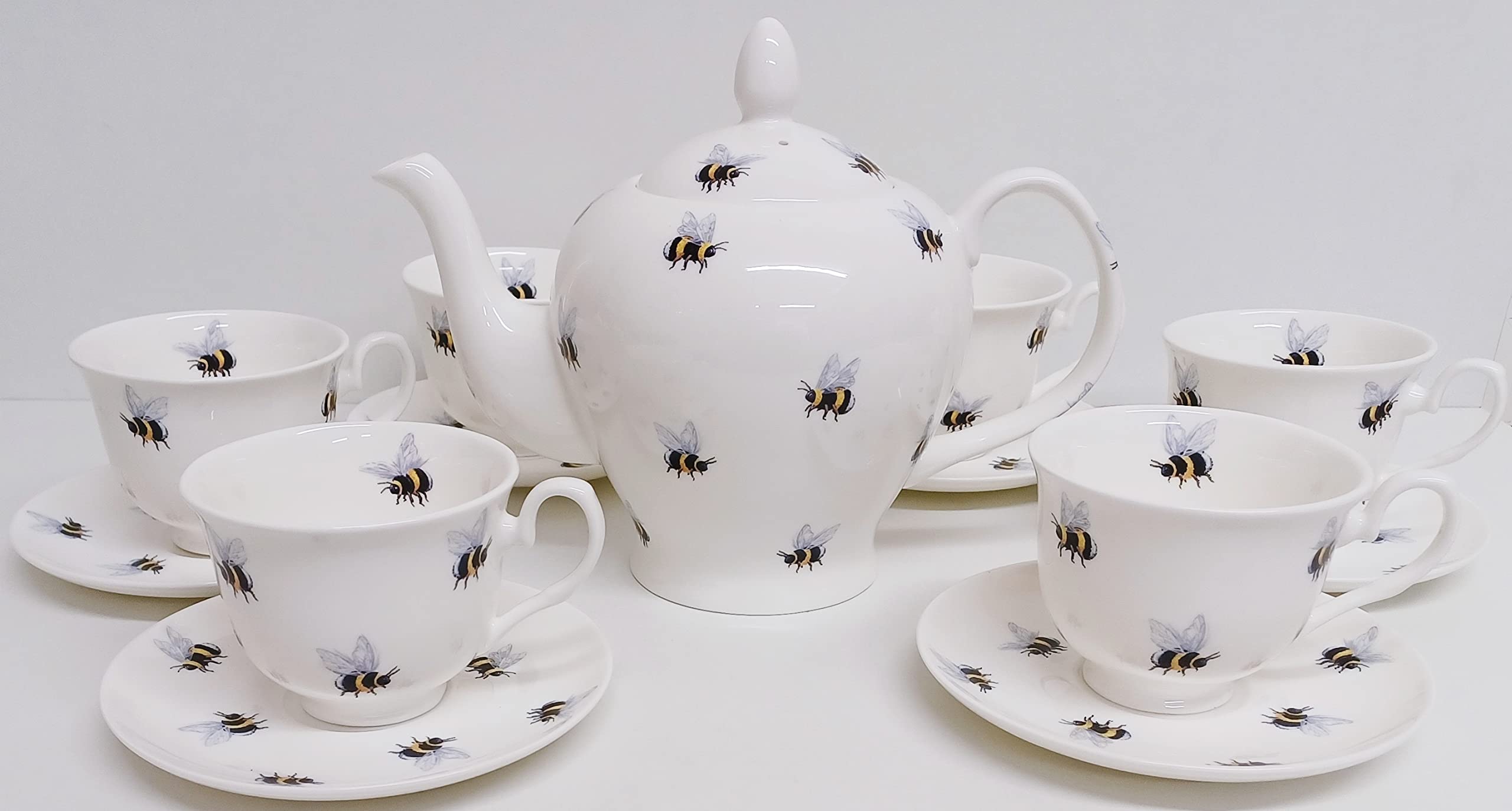 Bees Tea Set 13 Piece Fine Bone China Bumblee Bees Large Teapot & 6 Cups and 6 Saucers Hand Decorated in UK