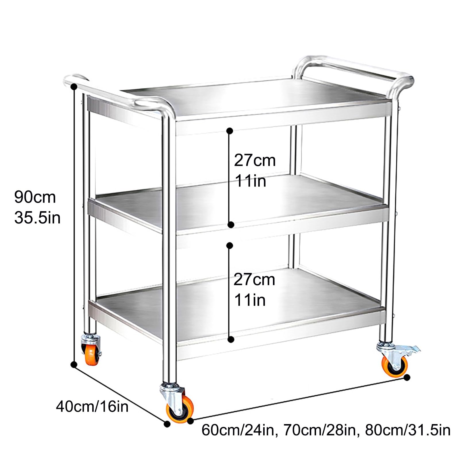 Carrello da Laboratorio con Ruote a 3 Ripiani, Tavolo da Lavoro e Preparazione Commerciale, Carrello da Lavoro in Acciaio Inox con Ruote, per Ristorante, Magazzino, c,70cm/28in