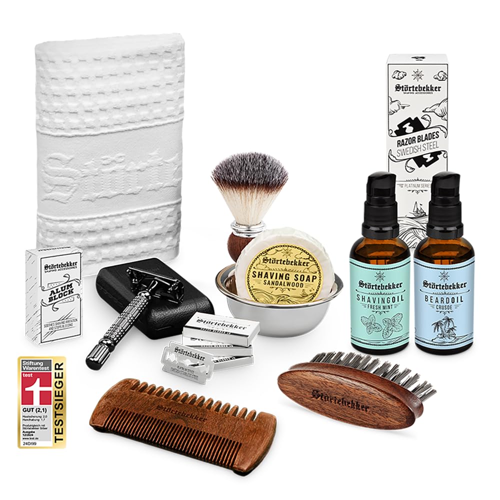 NOWOŚĆ: Störtebekker® Premium maszynka do golenia All-in-One zestaw - w zestawie pędzel do golenia, mydło do golenia, miseczka do golenia, olej do golenia, ostrza do golenia, ściereczka do golenia, kamień ałunowy, olej do brody, grzebień do brody i szczot