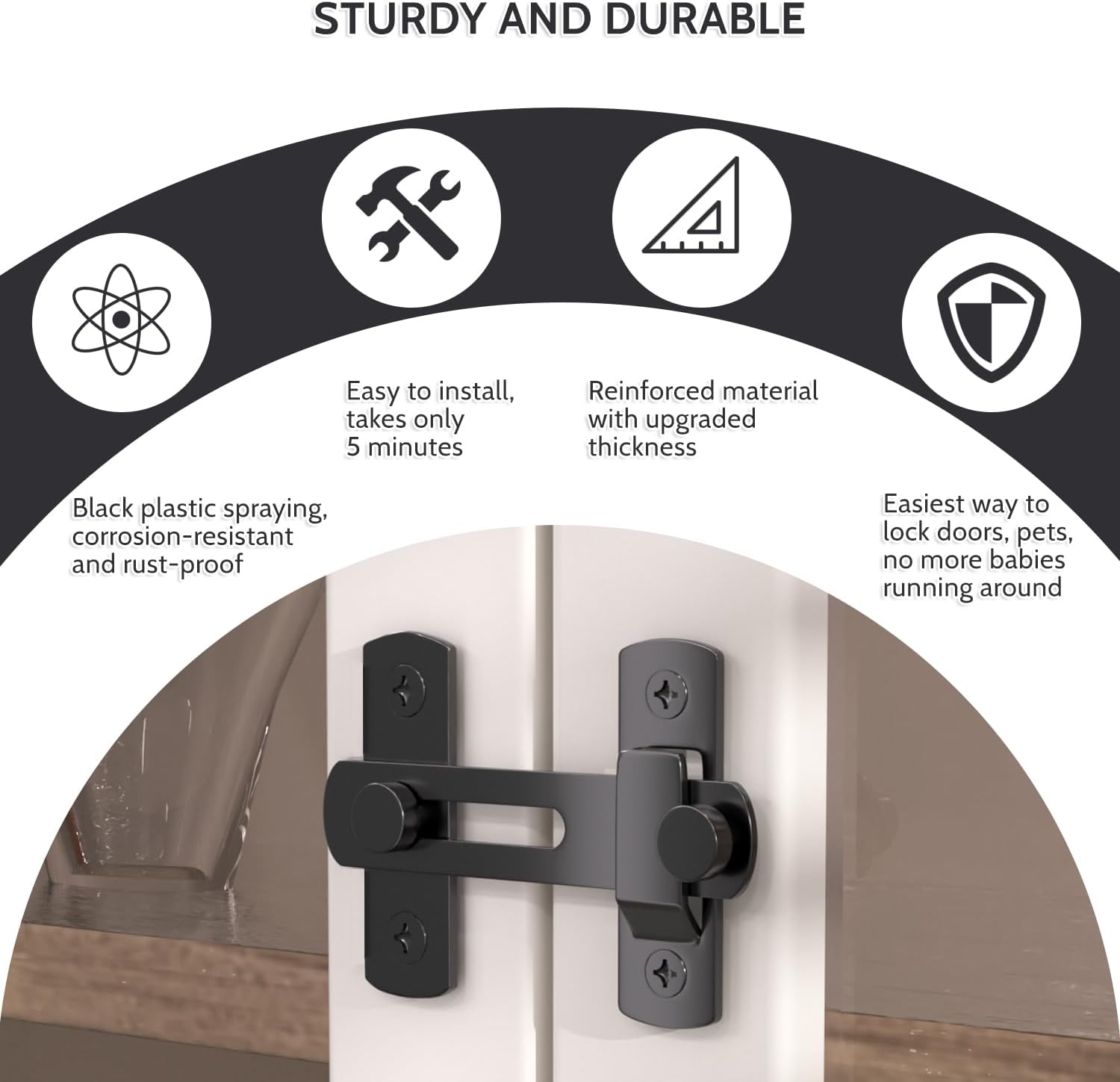 Gate Latch, Barn Door Lock, Door Latch Locks for Cabinet, Bathroom, Outdoor, Garage, Garden-Alternative for Backyard Pools, Closet - Black - Carbon Steel(dks180-hs-1)