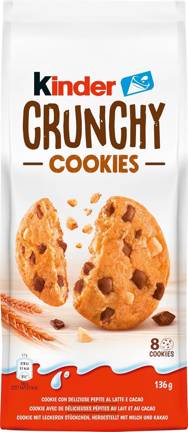Italian Gourmet Kinder Crunchy Cookies biscotti 15 x 136g Kekse Milch-Snack | Con pezzetti al cacao, knusprig, pratiche porzioni per famiglia, Gesamtnettogewicht 2,04 kg + Kostenlos Polpa 400g