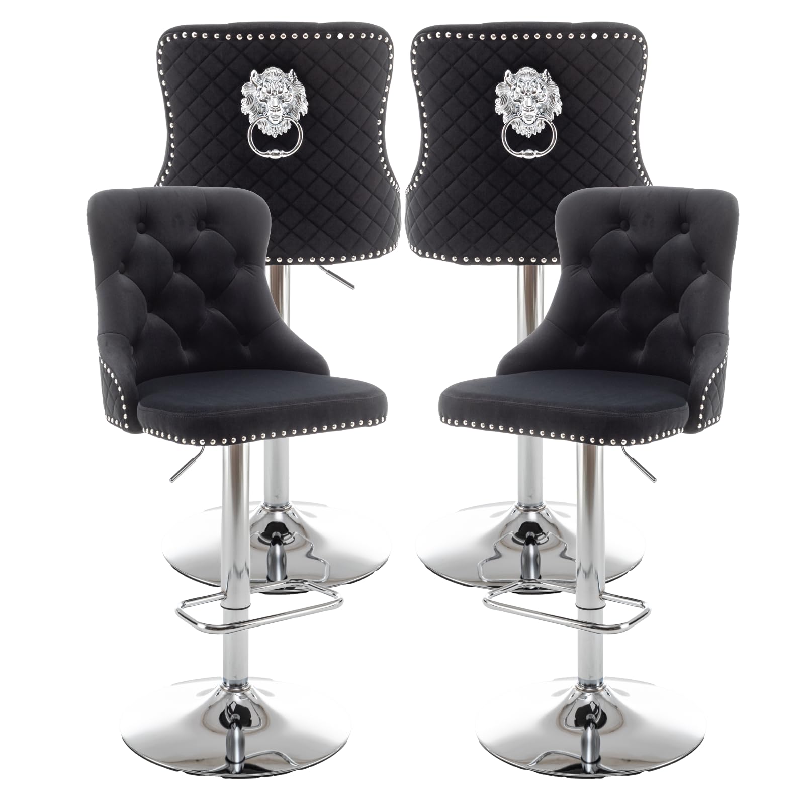 Riknuxi Velvet Bar Stools Set of 4, Counter Height Barstools with Nailheads Trim, Pull Ring, Swivel Bar Stools for Kitchen Island, Bar Pub (Black)