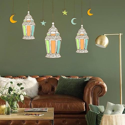 Eid Mubarak - Calcomanías de pared de linterna colorida, luna y estrella, decoraciones de Ramadán para el hogar, dormitorio, papel de pared,