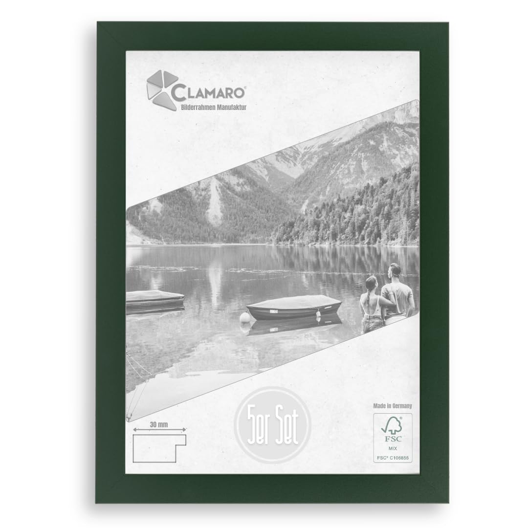 CLAMARO 'COLLAGE' Set of 5 Picture Frames DIN A4 (21 x 29.7) Handmade Made to Measure Dark Green Modern Square MDF Wood Set of 5 Picture Frames Including Acrylic Glass, Back Panel and Hanger — image 1