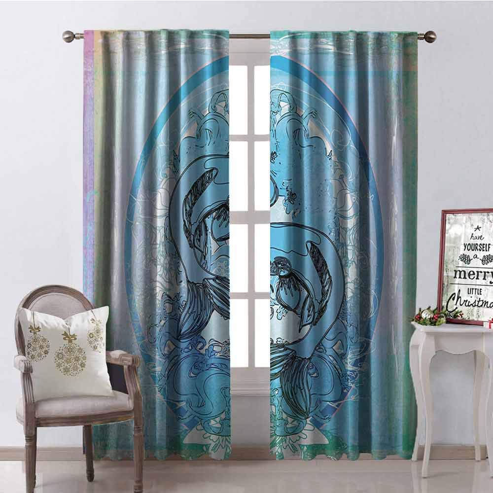 Tapesly Japanese 99% Blackout Curtains Soul Mate Ethnic Oriental Exotic Fishes on Gradient Round Framed Sea Illustration for Bedroom Kindergarten Living Room W52 x L108 Inch Blue Lilac