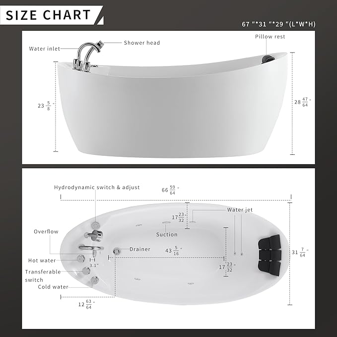 Empava 67" x 31" Freestanding Whirlpool Tub with Left/Right Drain,560W Stand Alone Bathtub with 7 Hydromassage Jets, Elegant Boat-Shaped,Acrylic,ETL Certified