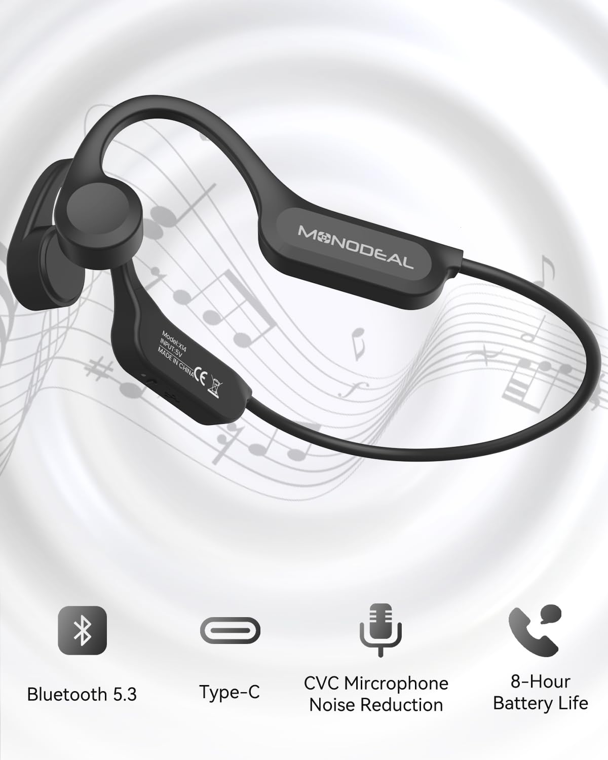 Knochenschall Kopfhörer Bluetooth 5.3 für Laufen Radfahren, Type-C Ladung | IPX6 Wasserdichte, Nicht zum Schwimmen, 27g Ultraleicht, 15mm Lautsprecher