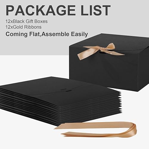 Miniatura 2 de Paquete de 12 cajas de regalo negras con tapas a granel, caja de propuesta de dama de honor con cinta, cajas de regalo para bodas, Navidad, día de