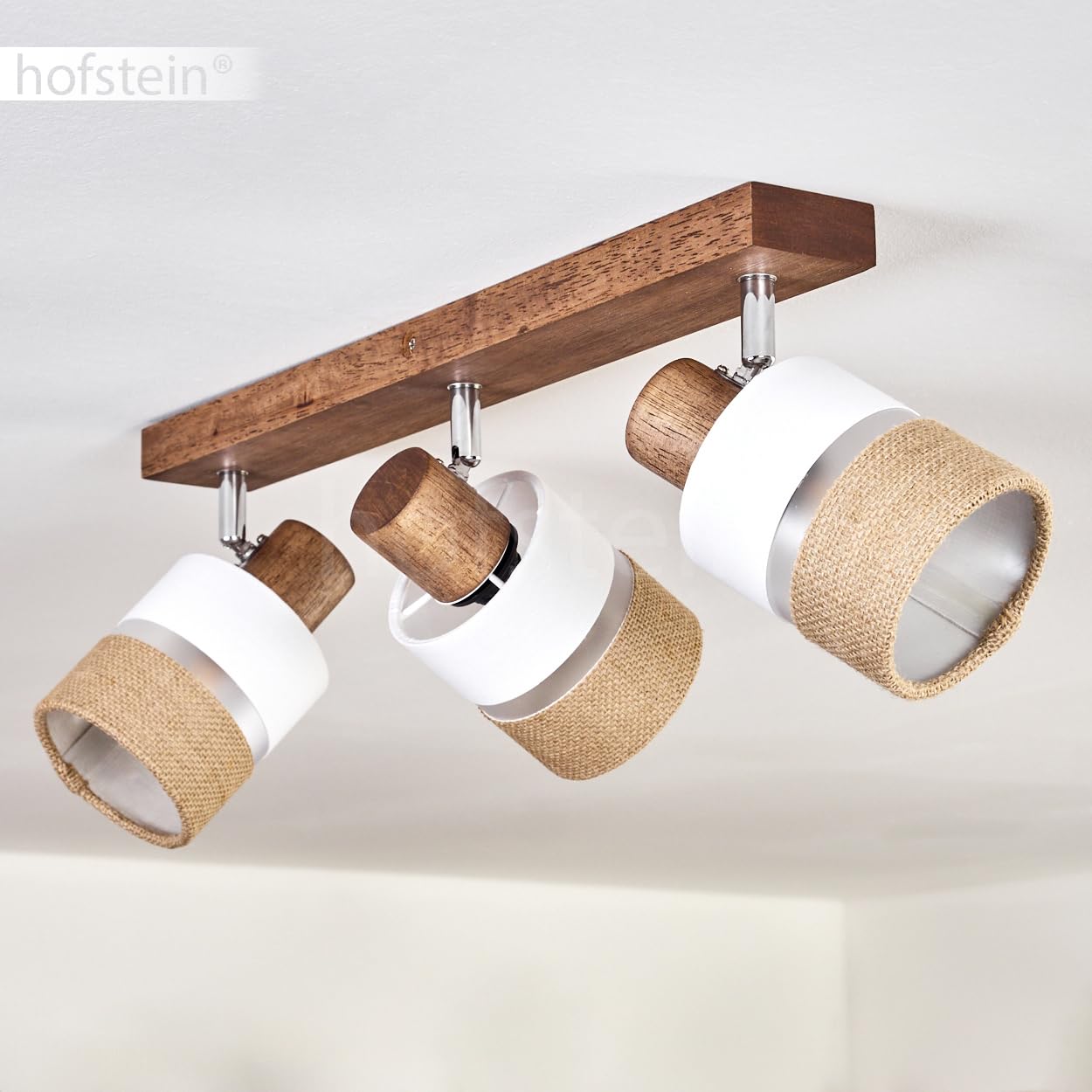 HOFSTEIN Deckenleuchte Fallhagen, verstellbare Deckenlampe aus Holz/Metall/Stoff in Braun/Weiß/Chrom, moderne Leuchte im skandinavischen Design, 3 x E14, Esszimmmer, Schlafzimmer, Wohnzimmer, Küche