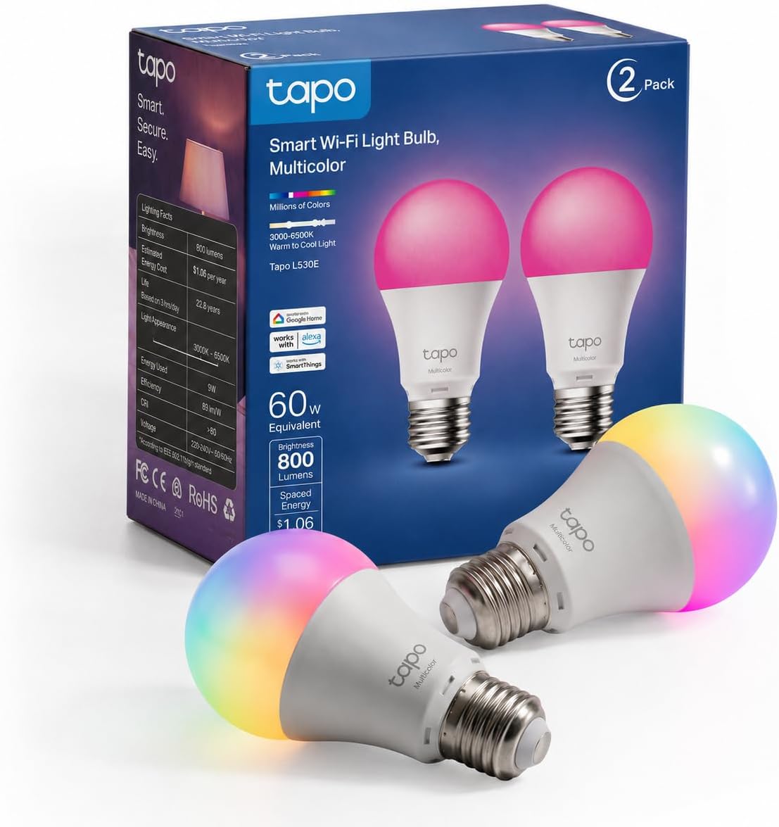 Tapo Ampoule Connectée Alexa E27 Multicolore LED Dimmable L530E 2 pièces
