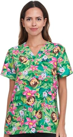 COCO BRANDS Shrek Trolls Minions Bratz Womens Scrub Tops - V-Neck Medical Uniform Scrubs for Women