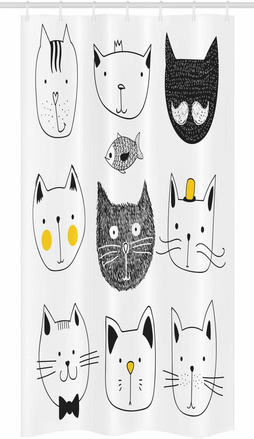 Ambesonne Cat Stall Shower Curtain, Cats with Moustache Bow Tie Hat Crown Fluffy and Fish Humor Faces Graphic, Fabric Bathroom Decor Set with Hooks, 36" W x 72" L, Yellow Grey