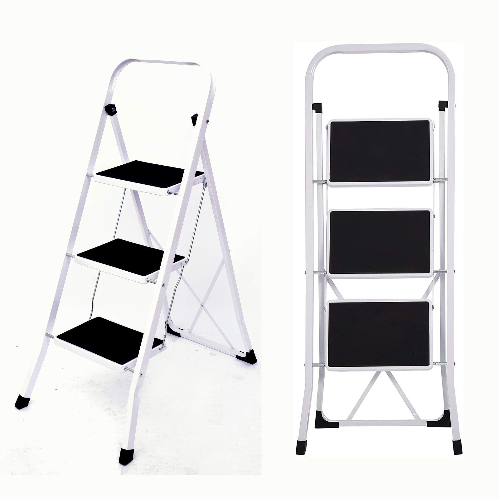 3 Scalette in acciaio resistente, antiscivolo, portata 150 kg, pieghevole, facile da riporre per casa, cucina, ufficio