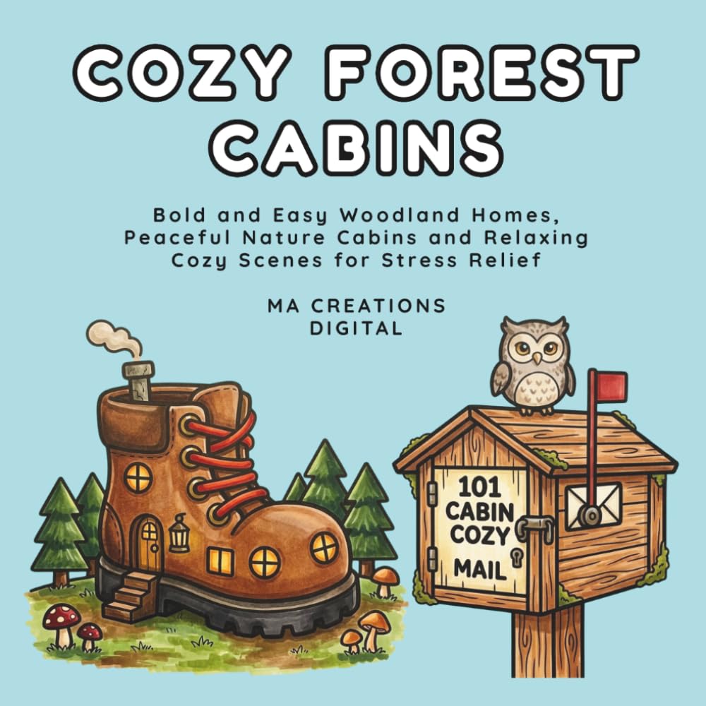 Cozy Forest Cabins Coloring Book: Bold and Easy Woodland Homes, Peaceful Nature Cabins and Relaxing Cozy Scenes for Stress Relief
