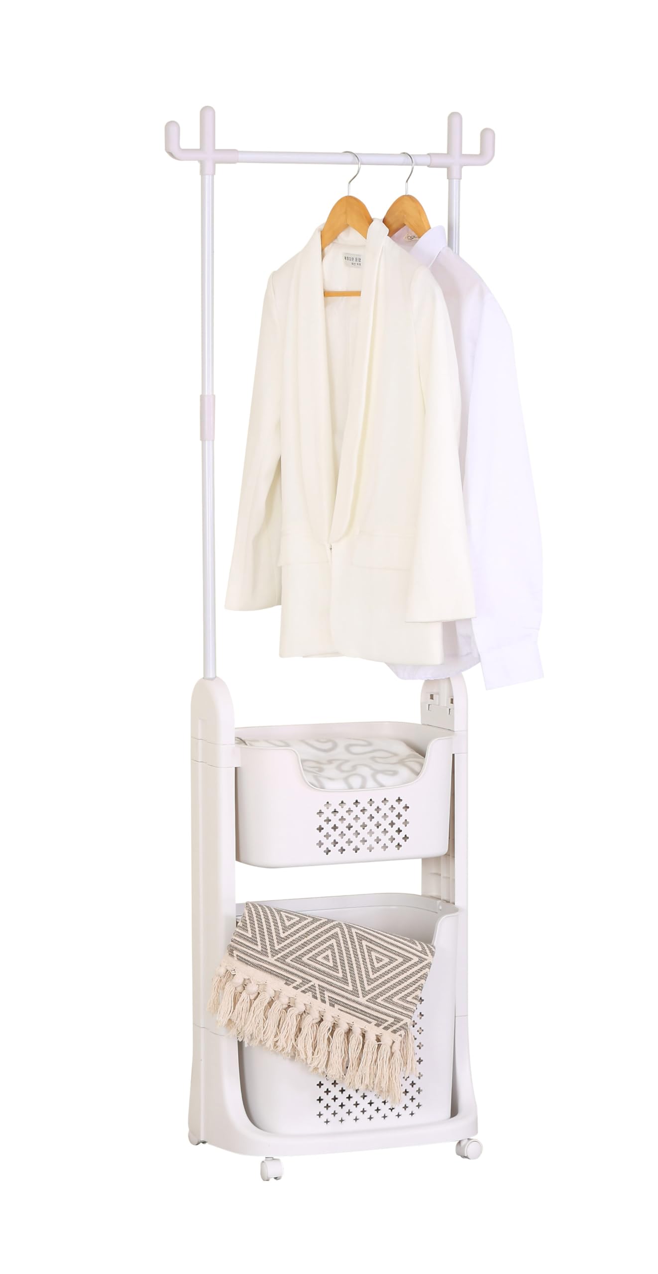Buyqualia Perchero Blanco con Barra para Colgar y 2 Cestas – Ideal para Lavandería o Cuarto de Servicio – 177x42x35 cm