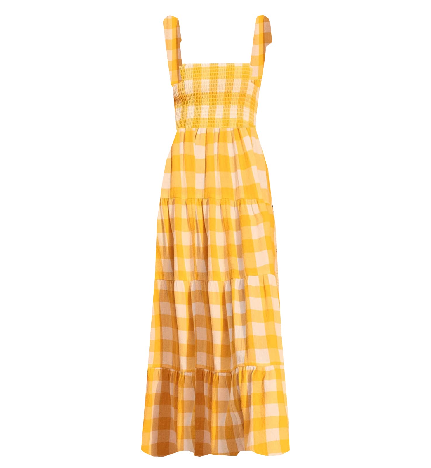 kinstell Women's Summer Boho Spaghetti Strap Square Neck Ruffle Casual Flowy Long Dress Beach Swing Party Maxi Dress