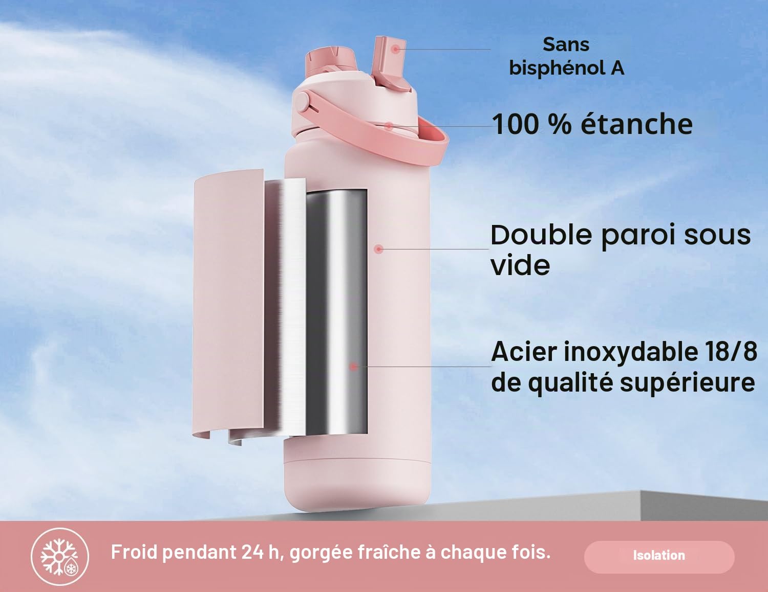 POWCAN Bouteille d'eau isotherme de 946 ml avec paille 2 en 1 et couvercle à bec verseur, garde au froid 24 h, anti-fuite, sans BPA, bouteille d'eau à double paroi en acier inoxydable pour sport, gym