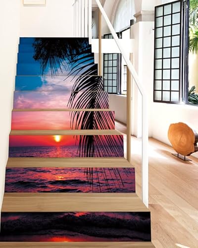 Stair Decals - Flfk Stair Stickers Decals Peel And Stick,Ocean Sunset Stair Risers Decals Self-Adhesive For Home Decor, 39.3" W X 7" H X 13Pcs #TOP3
