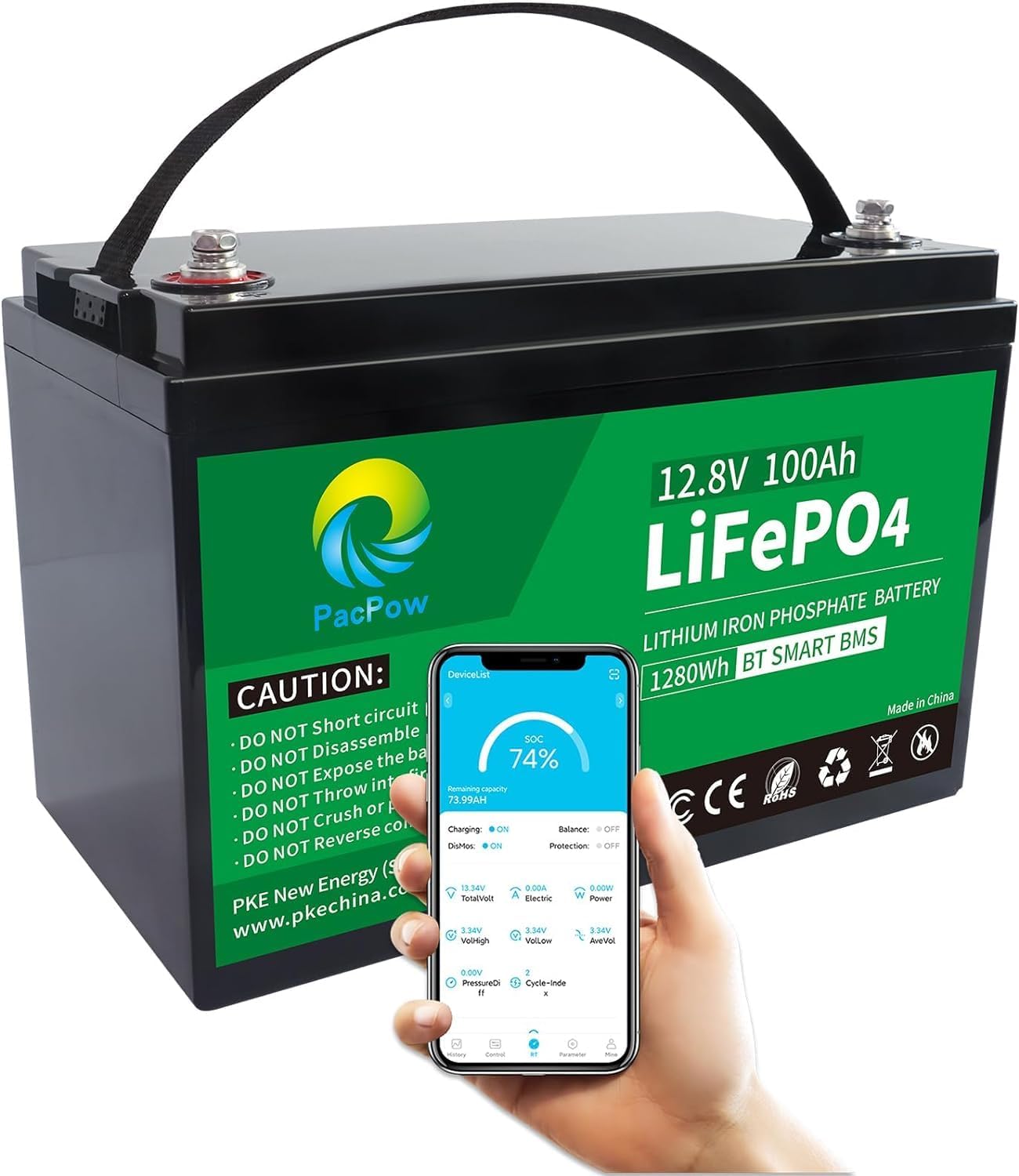 12V 100AH LiFePO4 Lithium Battery with Bluetooth Rept Cell Inside, Max 1280Wh Energy Built-in 100A JBD BMS, Perfect for Trolling Motor, RV, Boat, Solar Off-Grid