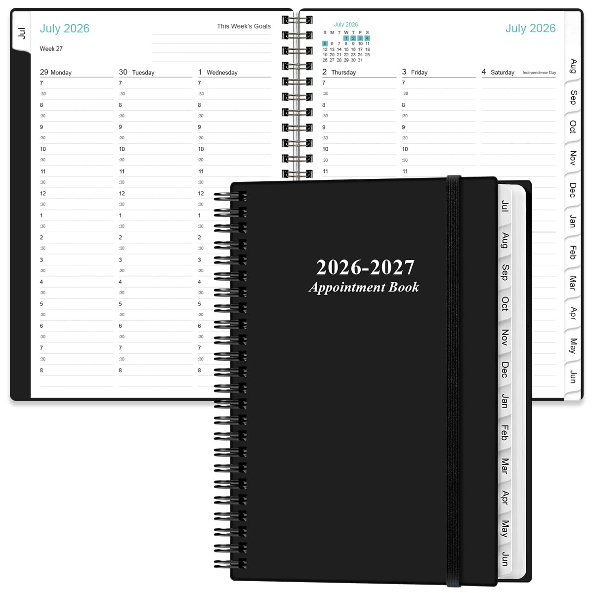 Terminkalender 2026-2027 - Stundenplaner von Juli 2026 - Juni 2027, Terminkalender Wochenbuch 2026-2027 mit 30-Minuten-Intervall, 16,3 x 21,6 cm, Schwarz