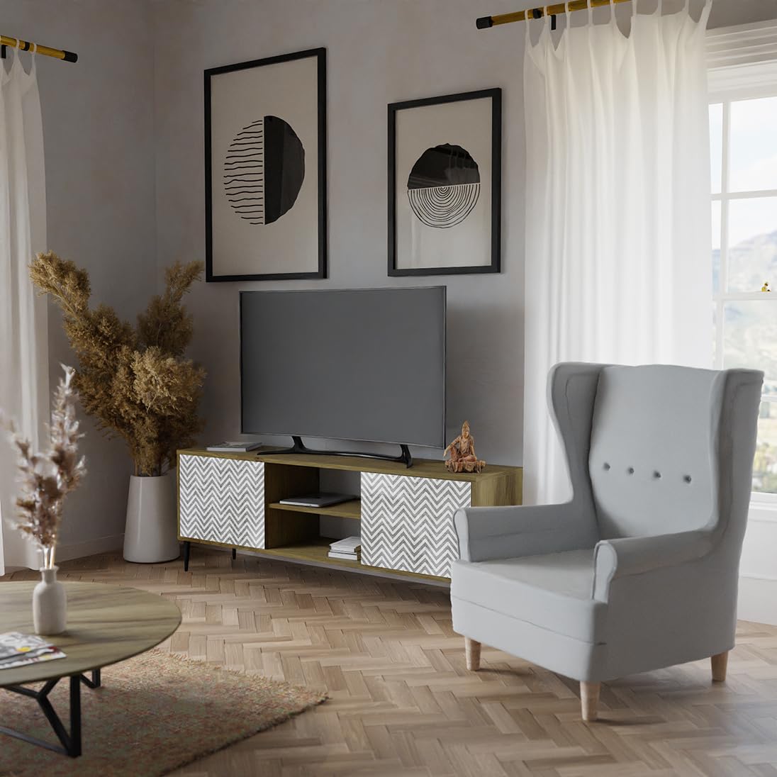 Mobile TV HEALANCY Moderno - 3 Ante, Credenza Soggiorno, 161x42x38cm, Con Mensole - Foto 9