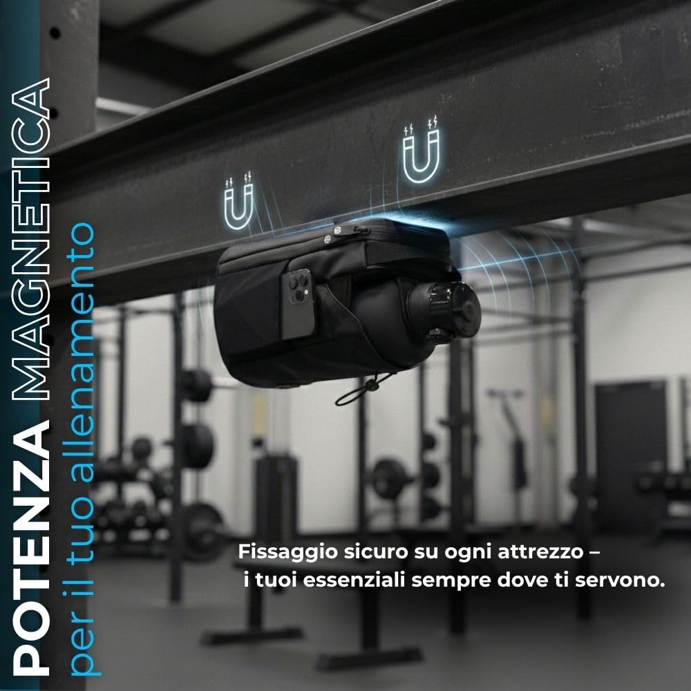 Borsa sportiva magnetica con portabottiglie da 1,5 l, portaborraccia, cellulare e accessori per allenamento, sport e uso quotidiano