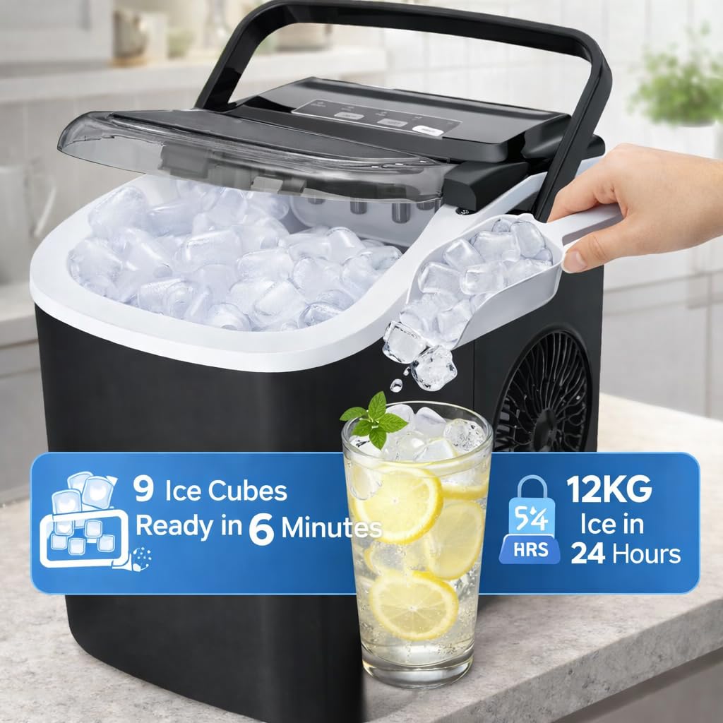 Macchina per il ghiaccio | Macchina per il ghiaccio da banco con manico portatile | 9 cubetti pronti in 6 minuti | 12 kg in 24 ore | autopulente | paletta e cestino | per casa/cucina/ufficio/bar (nero