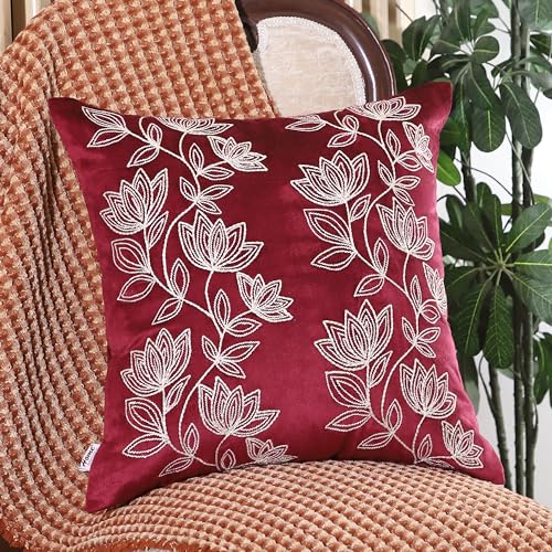 Image of Home - The Best is for You Burgundy Velvet Floral Embroidered Cushion Cover | Pack of 2, 18x18 Inch
