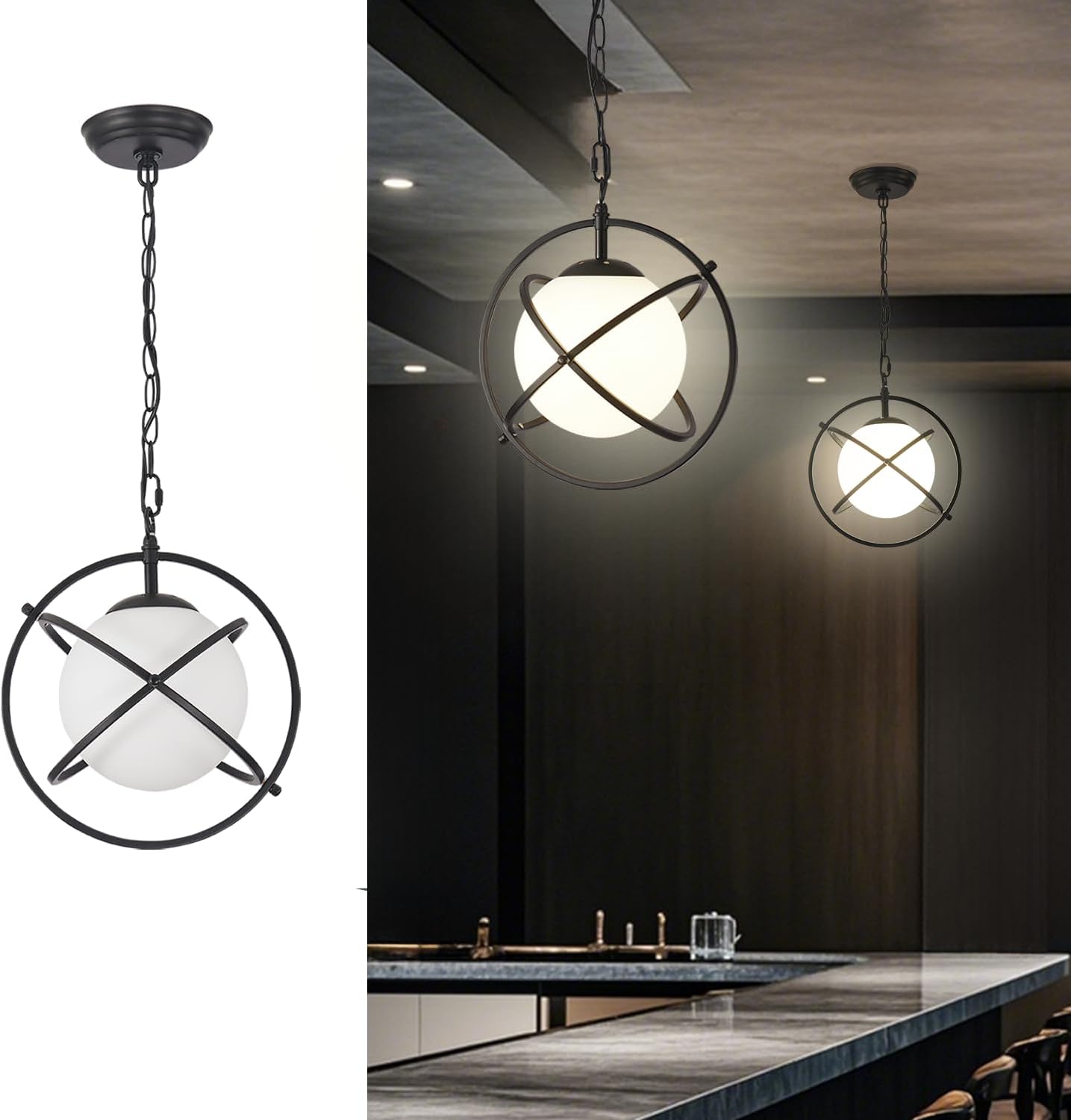 Vintage Pendant Hanging Light Fixtures, Flush Mount Ceiling Chandelier Lamp with Metal Spherical Shade for Kitchen, Dining Room, Living Room, Hallway, Entryway, E26 Base Matte Black Metal Glass Globe Black Ball (E26 LED Bulbs Include)