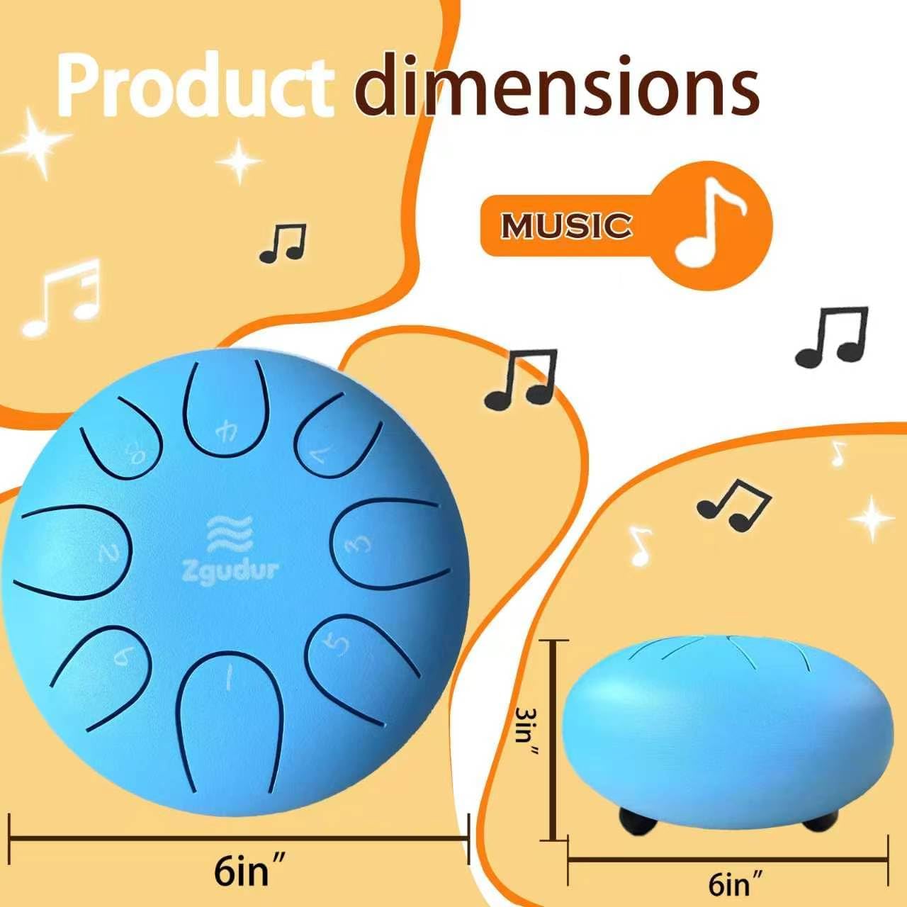 Rain drum, steel drum, hand pan, yoga meditation, children's percussion music toys, suitable for adults, elderly and children, music enlightenment, music teaching aids(Blue 6-inch 8-tone)