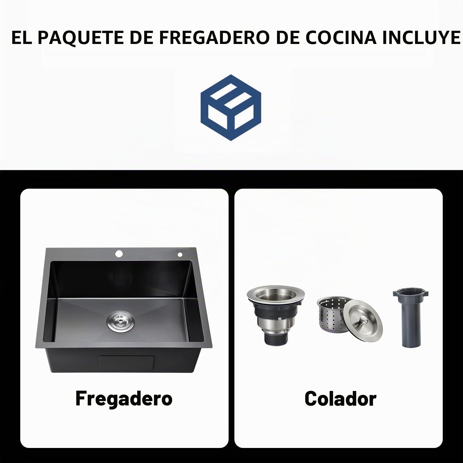Fregadero Cocina 38 x 50 cm, Fregadero Negro Bajo Encimera, Acero Inoxidable, Con Accesorios de Drenaje y Escurreplatos, Ideal Para Cocinas Pequeñas, Bares o Lavaderos (38x50cm)