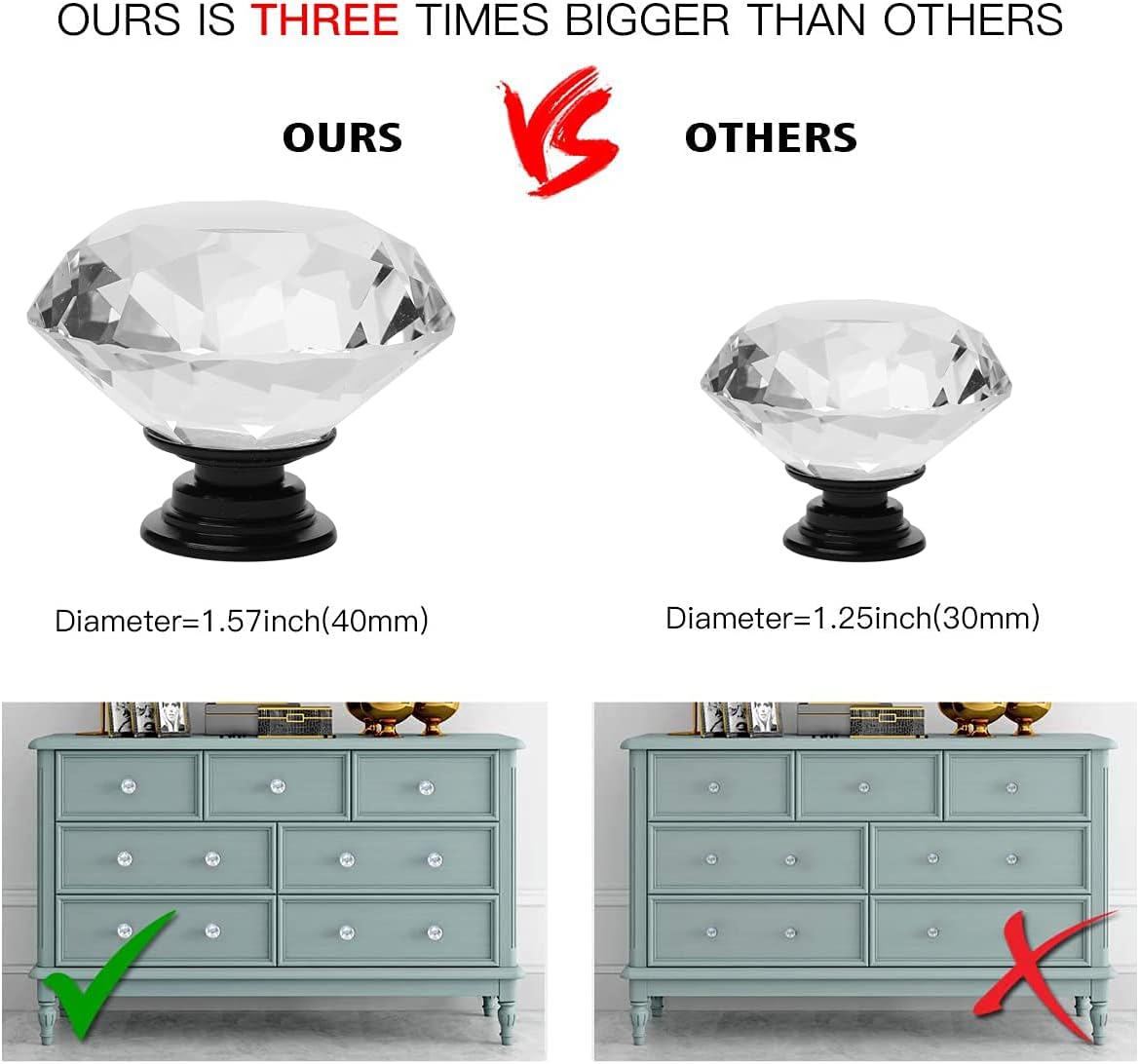 YDO Drawer Knobs, Black Alloy Base Crystal Knobs, Diamond Shape Glass Dresser Knobs, 1.57 inch Large Dresser Handles, Bling Knobs for Dresser Drawers, Kitchen Cabinet Knobs and Pulls, 10 Pieces, Clear