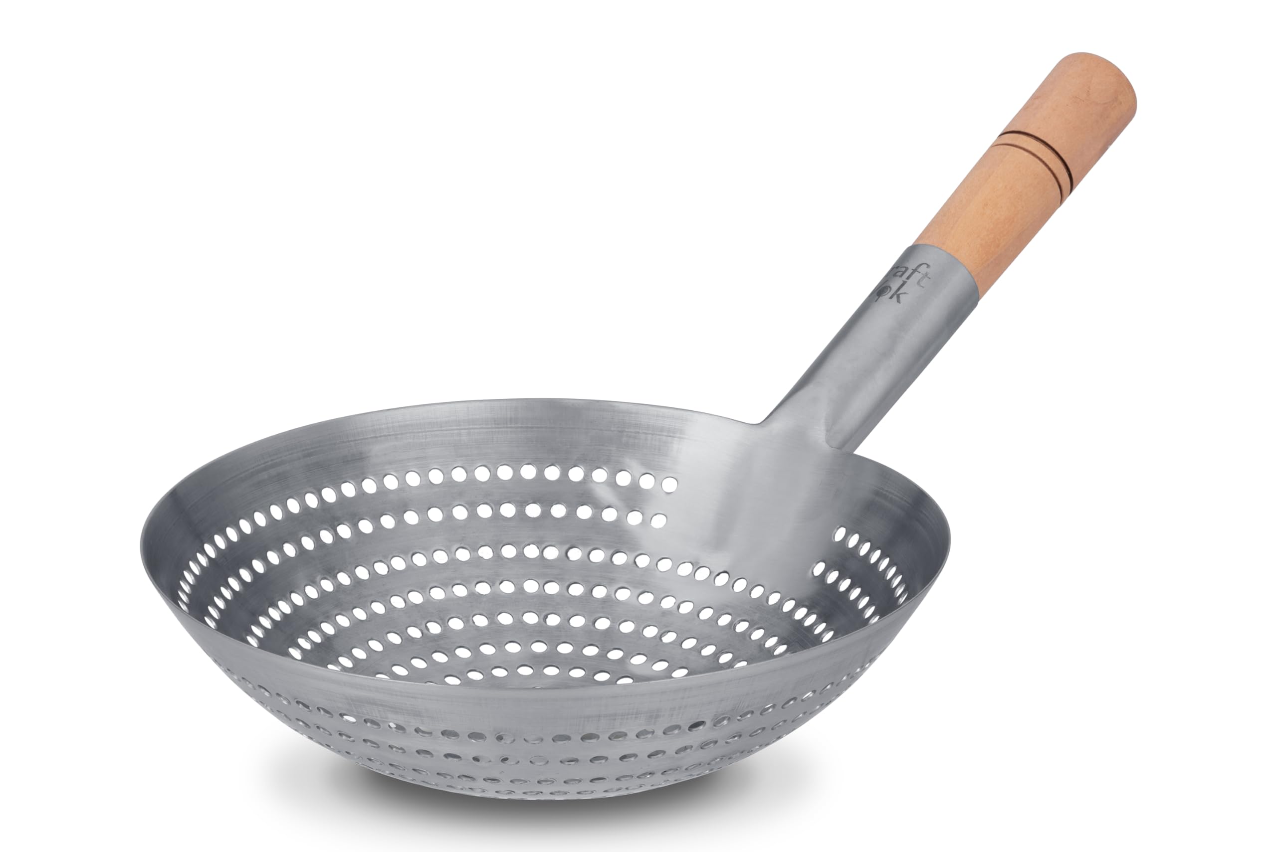 Craft Wok Cesta redonda grande de acero inoxidable de 11 pulgadas con mango de madera, colador profesional para freír y freír/732W142