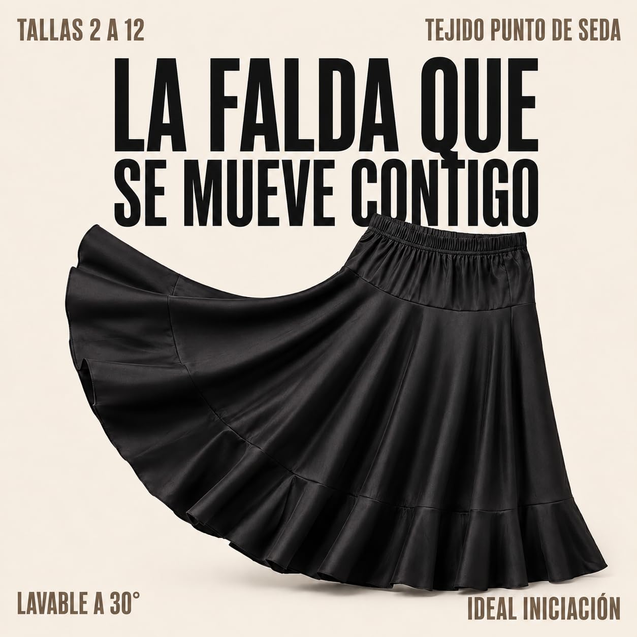 Falda de Flamenco básica Color Negro para niña, Volante Inferior y elástico en la Cintura, Tallas 2 a 12