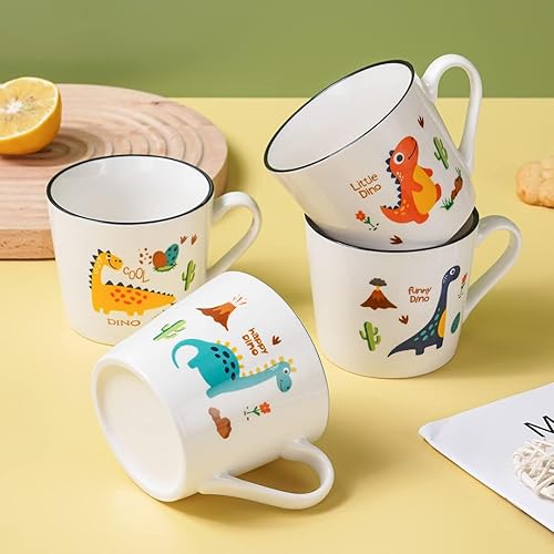 Miniatura 6 de Juego de 4 tazas de cerámica de dinosaurio de 13 onzas, tazas de dinosaurio para regalos, lindas tazas de porcelana de dibujos animados para leche