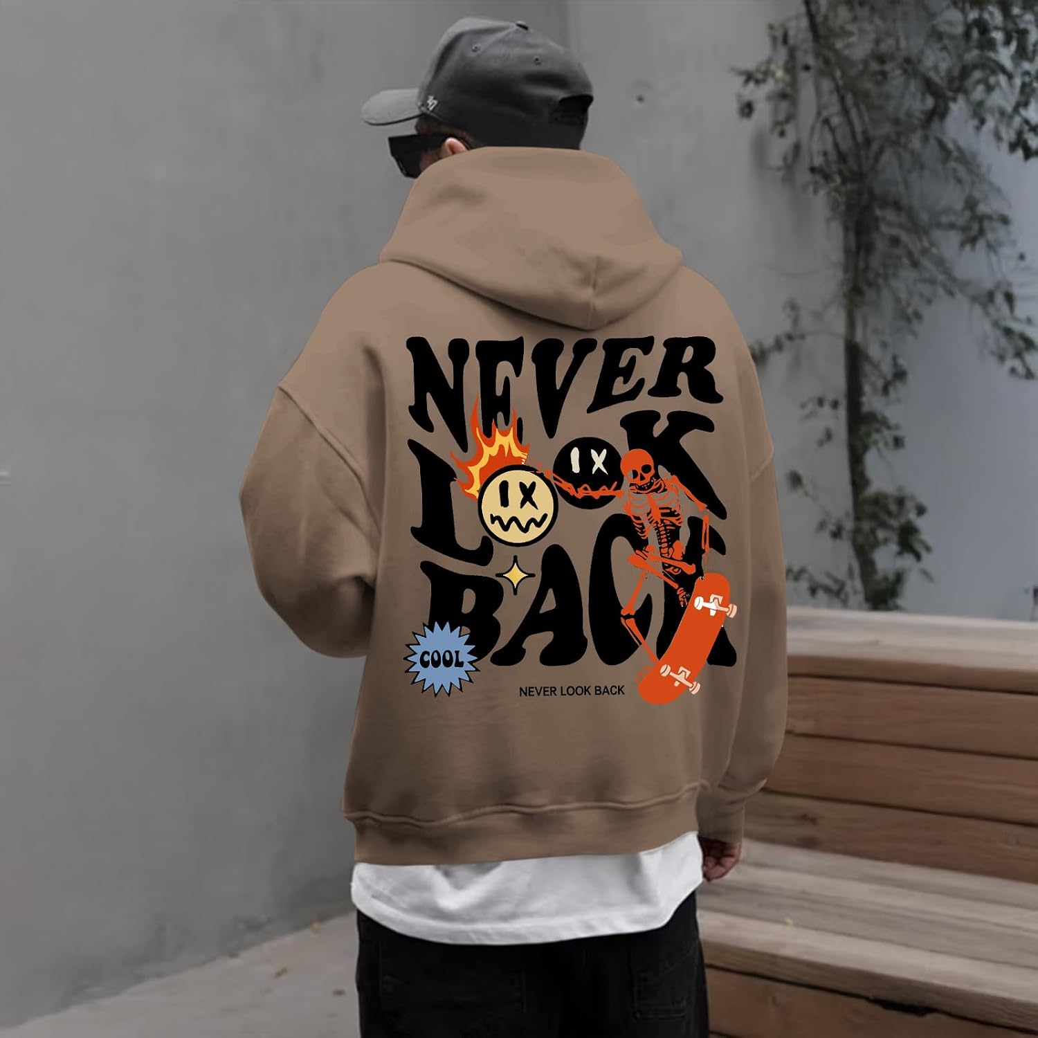 Oversized Hoodie Men Designer Streetwear Hoodies Vintage Skeleton Sweatshirt Cool Graphic Pullover Baggy Grunge Tops(Coffee,L)