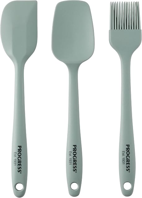 Progress BW11359TEU7 Go Bake! 3 Piece Mini Silicone Kitchen Utensils Set, With Mixing Spoon, Spatula, Pastry Brush, Dishwasher Safe, Heat Resistant, Hanging Hooks, Non-Stick Safe Tools, Cooking/Baking