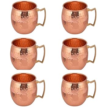 Ornate International Copper Moscow Mule Mug - Copper, 550 ML (6, Hammered with Brass Handle)