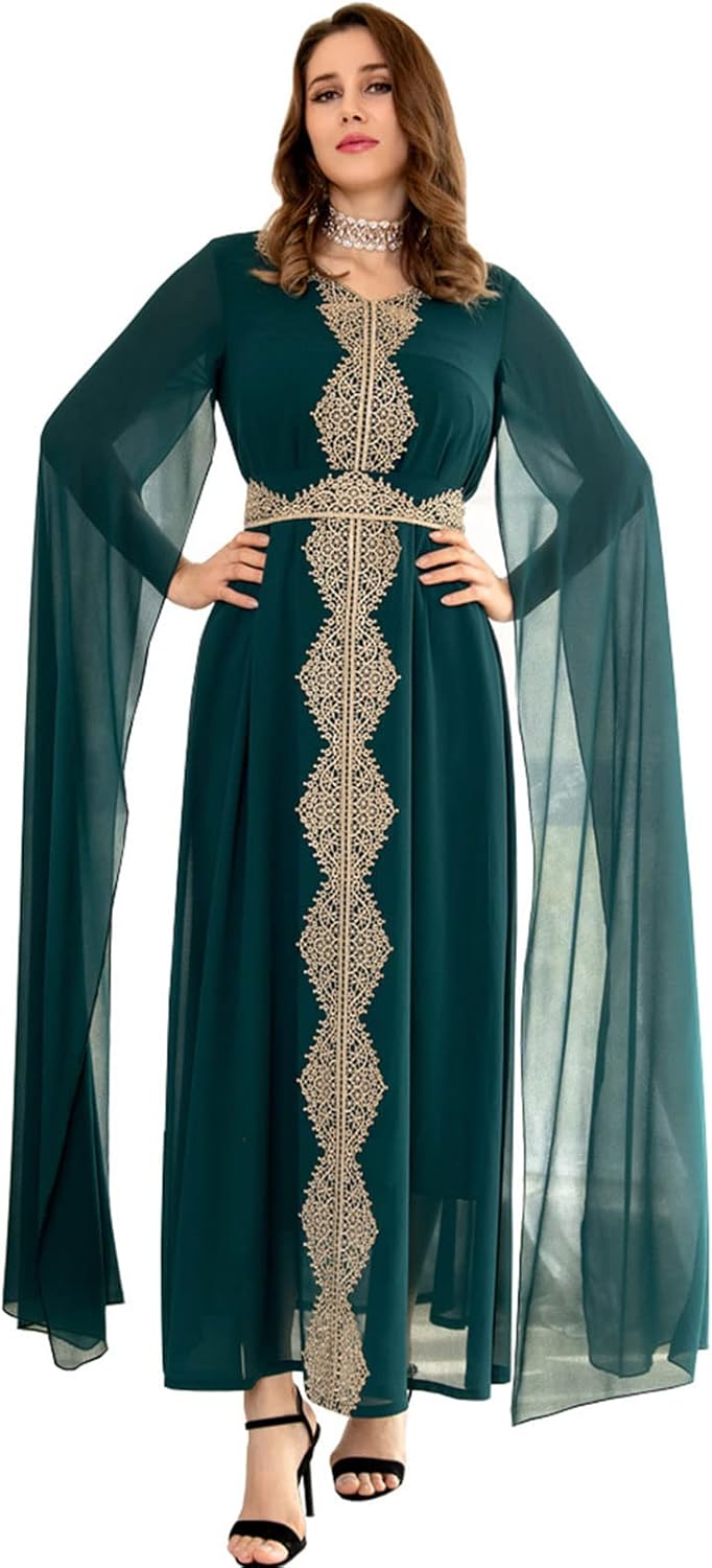 Vestidos Musulmanes De Mujeres, Moda Cabo Mangas Encaje Gasa Árabe Manga Murciélago Vestidos Damas Musulmanes Bordados Vestidos De Noche Batas Vestidos De Fiesta De Boda Informales,Verde,M