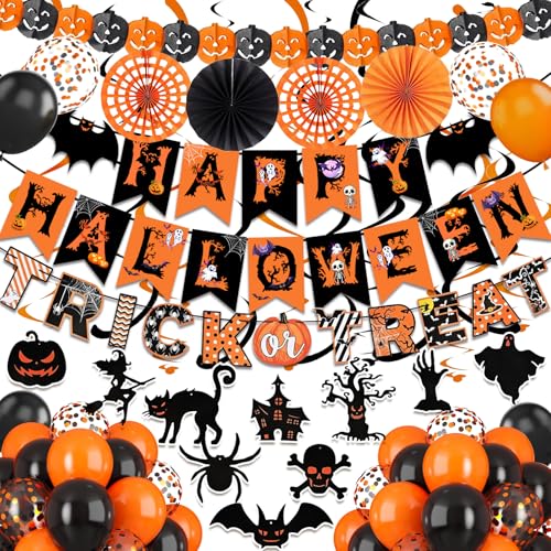 Happy Halloween Trick or Treat Banner Paper Fan Balloons & Swirl Streamers Goul Bat Cat...