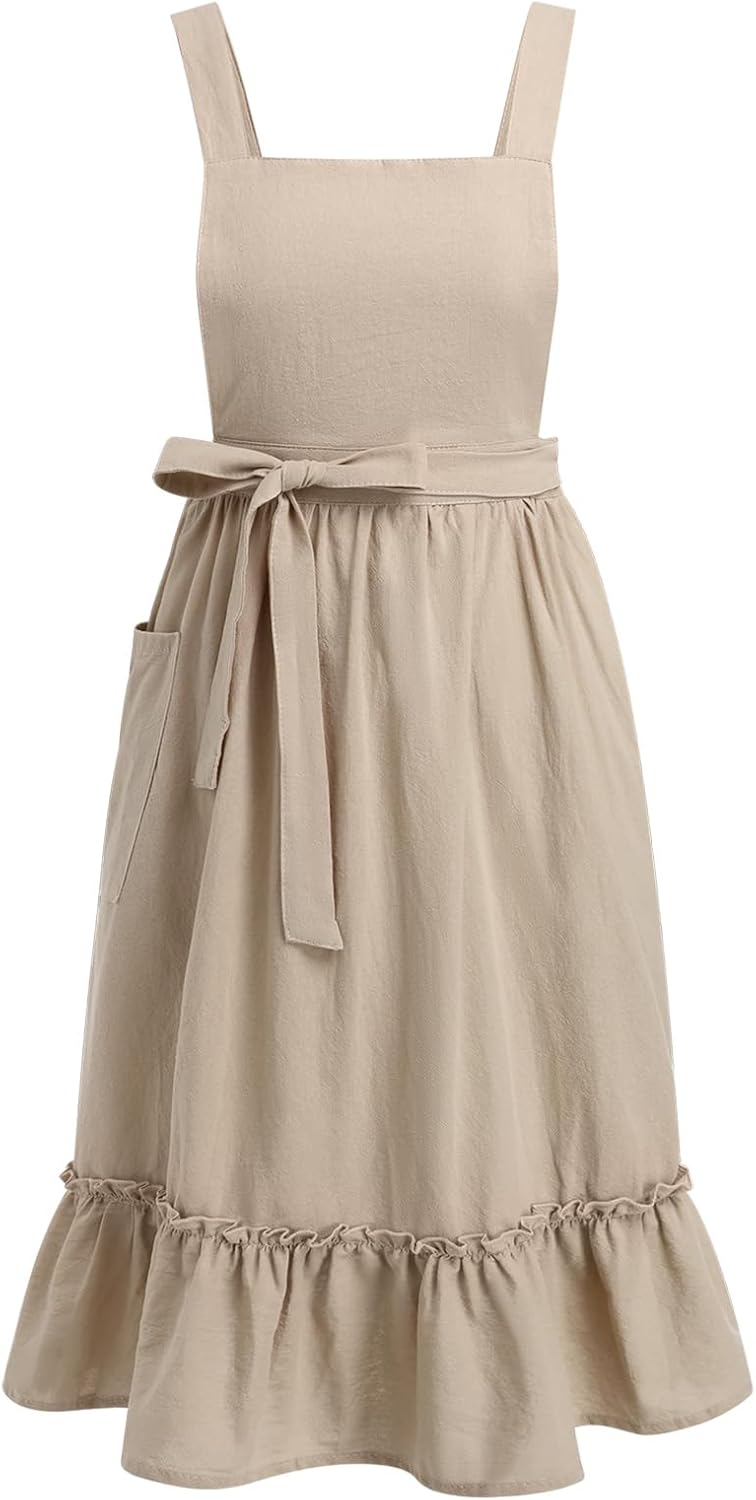 Vintage Cotton Linen Pinafore Apron Dress for Women with Pockets Cute Chef Ruffle Aprons for Cooking Kitchen Baking Gardening