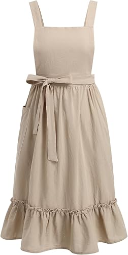 OBEEII Delantal de lino de algodón para mujeres y niñas, vintage, para hornear, cocinar, jardinería, trabajo, delantal, vestido con bolsillos disponible en Yaxa Costa Rica