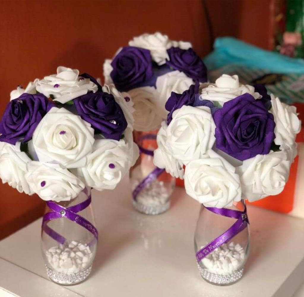 D-Seven Artificial Flower 50pcs Dark Purple Fake Roses with Stem for DIY Wedding Bouquets Floral Arrangements Bridal Shower Baby Shower Party Home Decor
